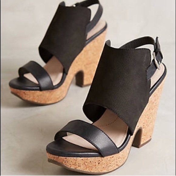 Anthropologie Shoes - Black Slingback Open Toe Leather Cork Wedge Sandal